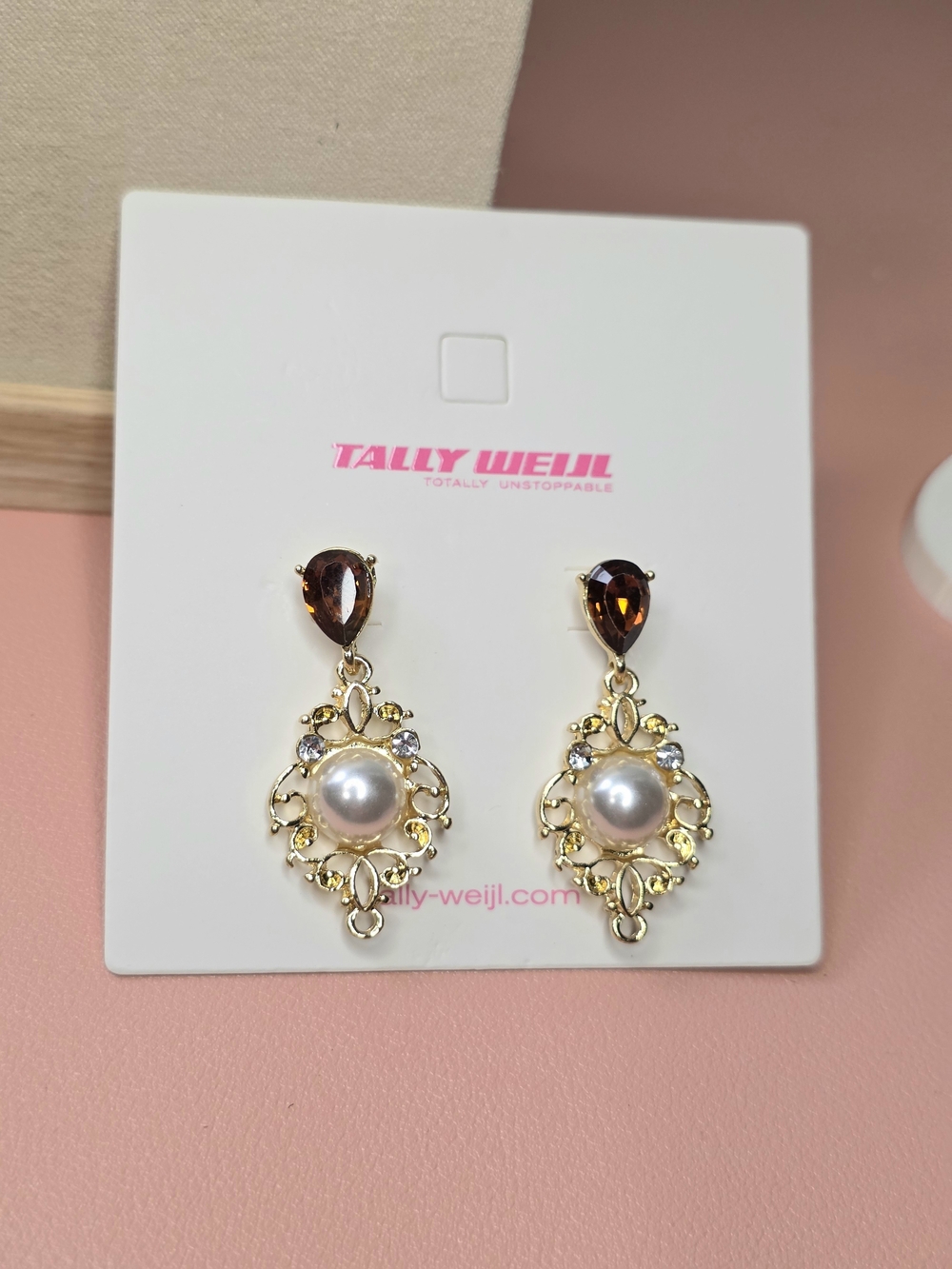 Gold-Tone Pearl Drop Earrings with Brown Crystal